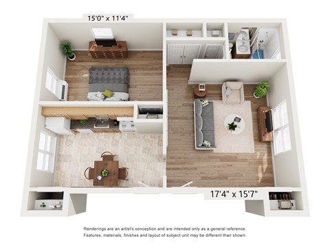 Floor plan for 1 bed, 1 bath, 724 sqft